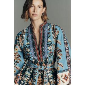 Robe à imprimé floral personnalisée, col en V, élégante, nouvelle arrivée, été, imprimé floral, manches longues, mini robe pour femmes - Product Image 4