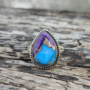 Anillo de Plata de Ley con Turquesa Morada Hecho a Mano, Anillo Bohemio con Piedras Preciosas, Regalo de Joyería para Mujeres y Hombres - Product Image 1