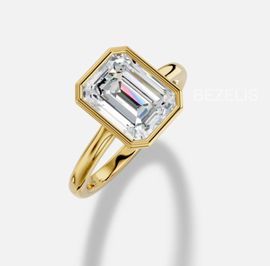 Anillo de compromiso solitario con diamante cultivado en laboratorio, corte esmeralda y engaste de bisel, oro amarillo de 18K, anillo minimalista, regalo de joyería nupcial minimalista - Product Image 3