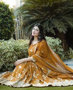 À la mode traditionnel indien pakistanais Anarkali Salwar Kameez robe costume pour femmes Bollywood robe ethnique japon Satin soie moutarde - Product Image 2