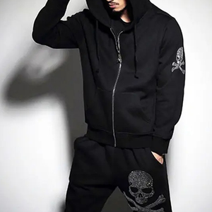 Sudadera con Capucha y Cremallera para Hombre, Color Negro, Diseño de Calaveras con Pedrería, Corte Regular, Informal, Otoño, Tela French Terry - Product Image 2