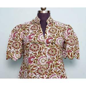 Indian Cotton Floral Block Print Dress <b>Button</b> Down Dress Women's Dressing Gown Casual Dress Print Women short Sleeve Long Length - Product Image 2