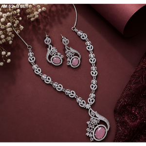 American Diamond Necklace Set with CZ Stones MIJ Luxury Silver Plated <b>Bridal</b> Jewelry Set Silver Plated Alloy Fashion Necklaces - Product Image 1