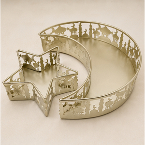 <b>Gold</b> Metal Ramadan <b>Serving</b> <b>Tray</b> Set Moon and Star Shaped Hollow Out Iron Food Platter Islamic Eid Mubarak Table Decoration Party - Product Image 1