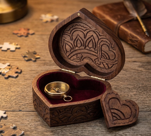 Caja de Madera con Forma de Corazón Hecha a Mano con Tallado Floral, Compartimento Secreto, Regalo de Recuerdo para Aniversario, Joyero de Madera - Product Image 6