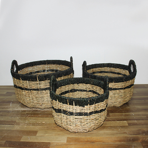 Ensemble de paniers de rangement en rotin et jonc de mer avec poignées, panier à linge rond tressé bicolore - Product Image 6
