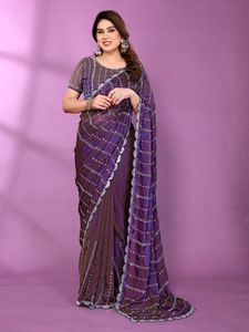 Sari Moderno de Chifón y Satén para Mujer, con Hermosos Bordados de Lentejuelas y Cuentas, Ideal para Bodas, Diwali, Fiestas y Graduaciones - Product Image 6