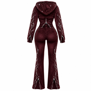Ensemble de survêtement en velours tendance et vintage avec sweat à capuche court zippé et pantalon large pour femme – Tenue mode - Product Image 3