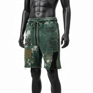 <b>Men</b> Acid Wash Cotton Fleece <b>Shorts</b> 320GSM Heavyweight Green Patch Panel Streetwear With Custom Print Logo Acid wash <b>men's</b> <b>shorts</b> - Product Image 6