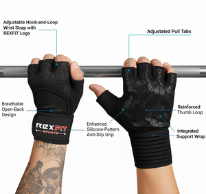 REXFIT SPORTS Half <b>Finger</b> Gym Gloves Weight Lifting Non Slip Breathable Lightweight Neoprene Unisex Black Adjustable Wrist <b>Strap</b> - Product Image 5