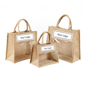 Sac fourre-tout en jute naturel en gros avec fenêtre transparente en PVC, réutilisable, trois tailles, logo personnalisé OEM, poignée en corde - Product Image 2