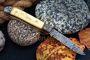 Handmade Damascus Folding <b>Knife</b> with Natural <b>Bone</b> <b>Handle</b> Custom Pocket EDC Hunting <b>Knife</b> - Product Image 3