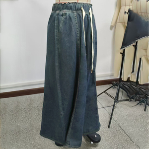 Falda Larga de Mezclilla para Mujer, Clásica, Ajustada, Azul, con Gran Dobladillo en Línea A - Product Image 6