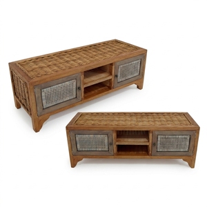 New Modern <b>Minimalist</b> Flores Wooden TV Nightstand Natural Rattan Webbing Console Media Storage Cabinet Living Room Entertainment - Product Image 1