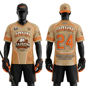 เสื้อฟลอร์บอลชาย โพลีเอสเตอร์ตาข่าย 180 GSM ระบายเหงื่อได้ดี พิมพ์ลายแบบซับลิเมชั่น สีส้ม เบจ ดำ พิมพ์โลโก้แบบซิลิโคนตามสั่ง - Product Image 1