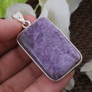 Collar Artesanal de Plata de Ley 925 con Colgante de Charoita, Gema Natural Púrpura, Corte Rectangular, Joyería Vintage al por Mayor - Product Image 1