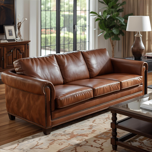 Canapé Chesterfield en cuir marron de style vintage classique, 3 places, avec accoudoirs roulés, pour salon, hall d'hôtel - Product Image 2