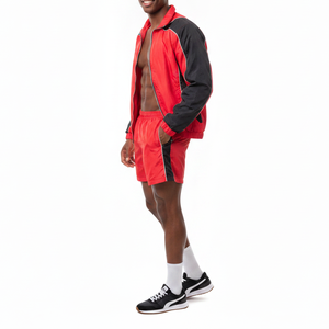 Ensemble de survêtement homme rouge et noir, veste zippée à manches longues et short, respirant, sportif, coupe classique, color block, pour le printemps - Product Image 6