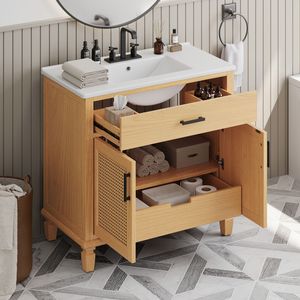 Mobile bagno moderno in rattan da 36 pollici con lavabo in ceramica, ante e cassetti a chiusura ammortizzata, e rivestimento per vasca autoportante - Product Image 3