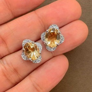 Rhaya Jewels <b>Sterling</b> <b>Silver</b> Rhodium Plated Classic Romantic Floral Citrine <b>Stud</b> Earrings CZ Halo Model 681 Wedding Engagement - Product Image 2