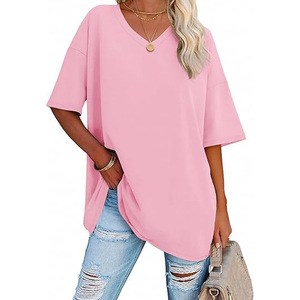 T-shirt rose ample à col en V pour femme, manches courtes, coupe décontractée, couleur unie, en jersey de coton, idéal printemps-été - Product Image 1