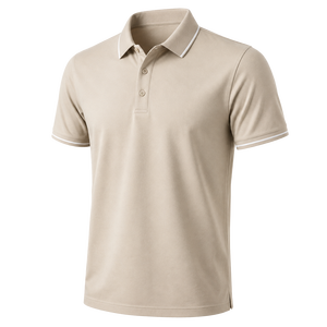 Polo à manches courtes pour homme, couleur beige, tissu Oxford, style décontracté, coupe classique, col boutonné, bordure blanche - Product Image 1