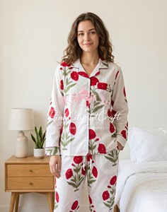 Luxury Women's Hand Block Printed Pure Cotton Summer Night <b>Suit</b> Set Elegant Full Sleeve Notch Collar Shirt Straight Fit <b>Pyjamas</b> - Product Image 3