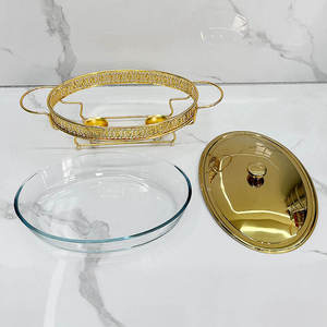 Luxury Round Stainless Steel Chafing Dish <b>Buffet</b> Food Warmer Gold Finish Ornate Pillar Stand Glass Lid Wedding Catering <b>Server</b> - Product Image 6