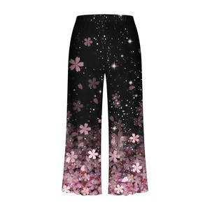 Pantalon de pyjama décontracté d'été pour femme, taille mi-haute, coupe ample, jambe large, imprimé floral, en satin respirant, longueur intégrale, avec élastique - Product Image 5