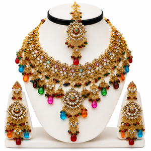Gold Plated Brass Zircon Imitation Pearl Vintage Flower Artificial Jewelry Set (Necklace Earrings Headpiece) Women Wedding Party - Product Image 1