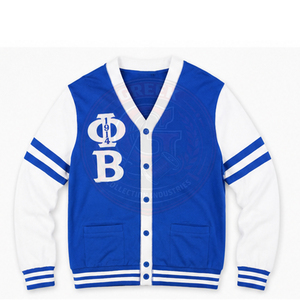 Cardigan en polaire léger Phi Beta bleu roi et blanc avec boutons à lettres grecques – Vêtement de fraternité coupe élégante - Product Image 1