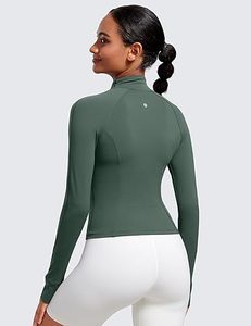 Haut de yoga pour femme vert olive à manches longues et fermeture éclair intégrale, coupe ajustée, design sans couture, couleur unie, vêtement de sport - Product Image 3