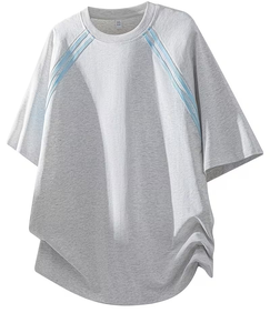 Men Gray Blue Solid Crew Neck T-Shirt Set Polyester/Cotton Knitted 180g Breathable Casual Summer Shorts Outfit - Product Image 3