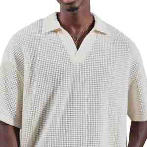 Polo de Manga Corta para Hombre, Talla Grande, Color Beige, Tejido Waffle, Informal, Transpirable, Color Sólido, Texturizado, de Algodón, para Verano - Product Image 3
