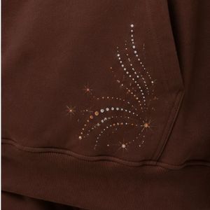 Sweat-shirt à capuche oversize marron pour femme avec design minimaliste en strass, en molleton de coton premium, décontracté, streetwear d'hiver - Product Image 6