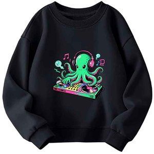 Sudadera negra con cuello redondo para mujer, con estampado de pulpo DJ, diseño de dibujos animados, corte regular, jersey de algodón para otoño - Product Image 1