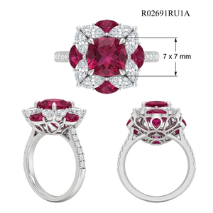 Solid 18K White Gold Genuine Cushion Cut Red Ruby and Diamond Floral Cluster Halo <b>Statement</b> <b>Ring</b> with Marquise Accents for Women - Product Image 5