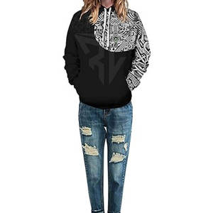 Sudadera con Capucha Gráfica al por Mayor Unisex Negra y Blanca con Estampado Dividido, Cordón Ajustable, Bolsillo Canguro y Puños Acanalados, Estilo Urbano Casual - Product Image 1