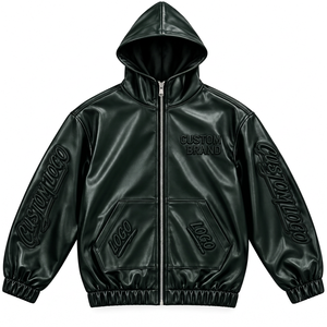 Chaqueta con Capucha de Cuero Sintético Personalizada para Hombre, Detalles con Logotipo Grabado, Cierre Completo, Estilo Urbano Oversize - Product Image 5
