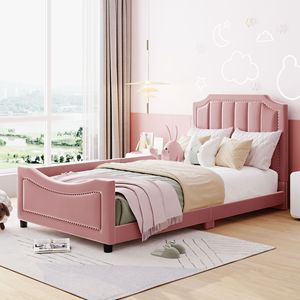 Letto a giorno classico a righe rosa imbottito, misura singola, per bambini, con elegante testiera - Product Image 1