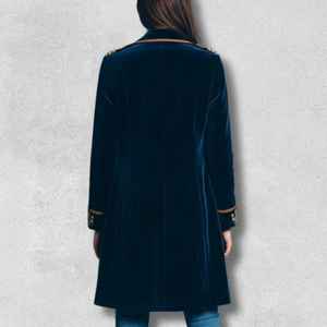 Retro Military Style Velvet Blazer Coat, Navy Blue Double-Breasted <b>Women</b>’s Fitted <b>Jacket</b> - Product Image 1