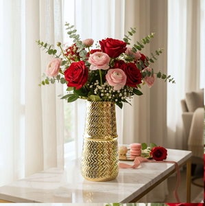 Elegante florero metálico con aspecto de cerámica en verde pastel, con un elegante borde dorado, disponible a precios de mayorista. - Product Image 6