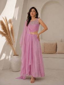 Ensemble Lehenga Choli brodé jaune en satin viscose, longueur cheville, tenue de fête et de mariage pour femme - Product Image 2