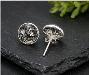 Black Rutile Quartz <b>Silver</b> <b>Stud</b> Earrings – Natural Rutilated Quartz Round Earrings – Handmade Gemstone Jewelry Gift - Product Image 2