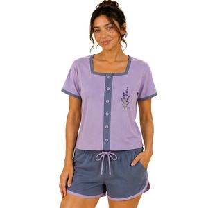 Conjunto de dos piezas de pantalones cortos para mujer, color lavanda y gris pizarra, top con cuello cuadrado y botones, estampado floral minimalista, ropa informal de verano de algodón para estar en casa - Product Image 1