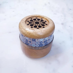 Round Shape Wooden <b>Incense</b> Burner <b>Box</b> Featuring Blue Mosaic Floral Print Band And Openwork Geometric Lattice Carved Lid - Product Image 1