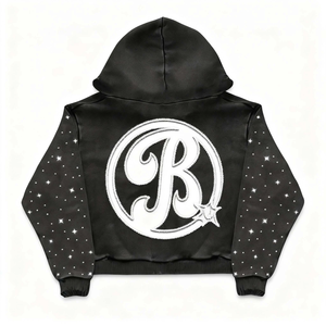 Sweat-shirt à capuche noir avec logo de marque en strass, fermeture éclair, streetwear, veste en satin surdimensionnée pour homme, vêtements d'hiver - Product Image 2