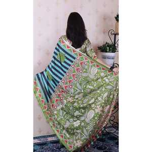 Sari indien élégant pour enfants, en soie Tussar douce bleu aqua, rayé, imprimé traditionnel, tissé Zari, de la marque Elite Weaves - Product Image 4