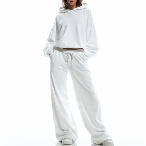 Women's White Eco-Friendly Beaded Tracksuit Solid Color Full Sleeve Hooded <b>Joggers</b> Set Autumn Breathable Casual Regular Fit 100% - Product Image 4