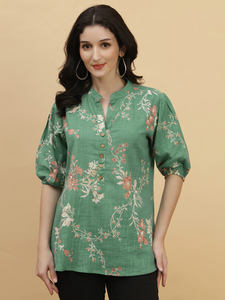 Chemise tendance pour femme, imprimé floral vert, coton, col mandarin, manches ballon trois quarts, boutonnée, décontractée et pour le bureau - Product Image 4
